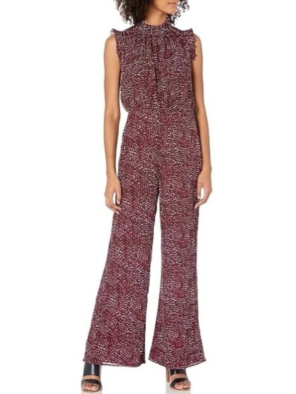 Ali & Jay Wide Leg Jumpsuit Size XS Burgundy Ruffle Trim Anthropologie Chic